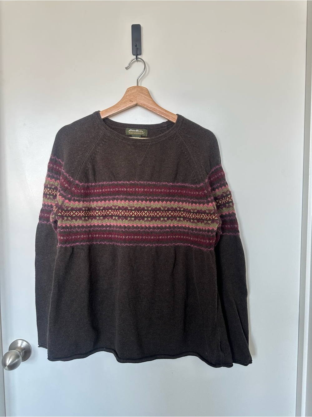 Vintage Eddie Bauer Fair Isle Knit Sweater Brown Burgundy Olive Wool Blend XL